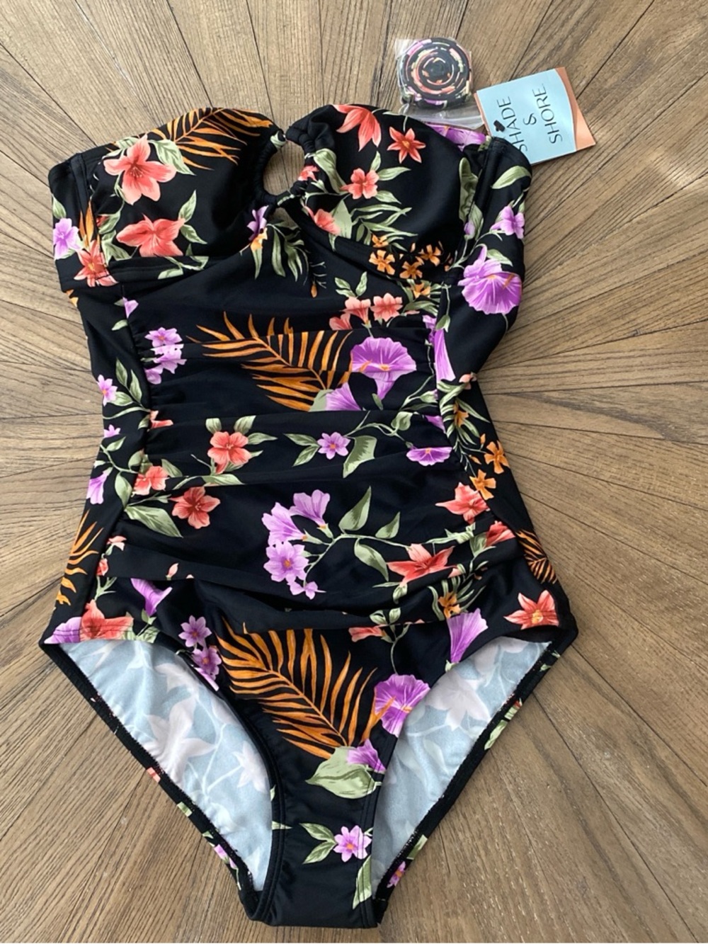 Shade & Shore Black Floral Ruched One-Piece Swimsuit